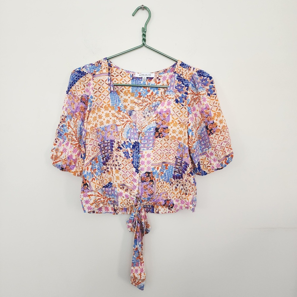 Rose + Olive Patchwork Floral Button Front Tie Hem Crop Top Small